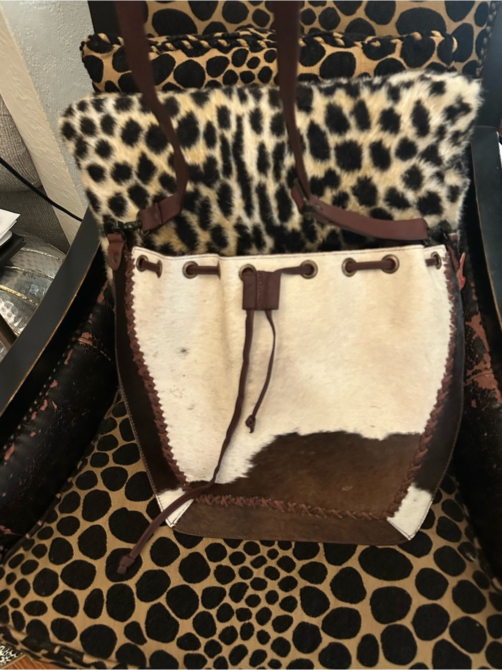 NWT American Darling Brown White Cowhide Drawstring Shoulder hobo Bag MSRP $198